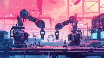 Wall Mural - Futuristic factory scene with robotic arms assembling machines in a neon-lit industrial setting. Concept of automation, artificial intelligence, and manufacturing.