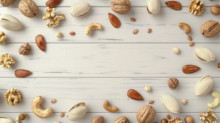 Assortment of nuts forming a frame on white wooden background.  Healthy snack, vegetarian food concept.