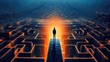 © Summit Art Creations - The picture of intelligent human in complex playing futuristic complicated puzzle game of labyrinth with blue, orange light. Smart person choose way to solve complex maze problem with strategy. AIG35.
