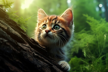 Wall Mural - A kitten is sitting on a log in the woods.