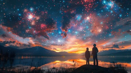 Wall Mural - Watching the Fireworks Over a Serene Lake