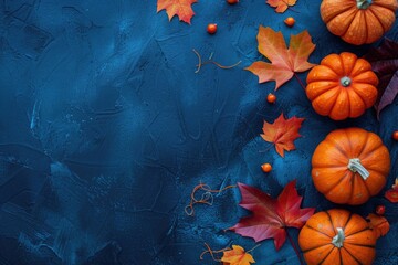 Autumn vegetables and pumpkins on dark blue background.