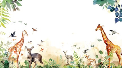 Wall Mural - a vibrant watercolor scene depicting giraffes and other animals amidst lush greenery and flying bird