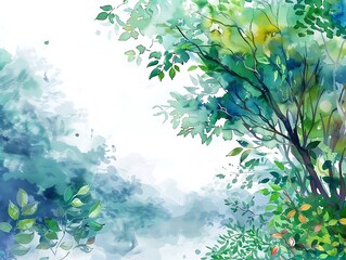 Wall Mural - A serene watercolor depiction of lush greenery, featuring vibrant leaves and a misty background, evoking a tranquil natural atmosphere.