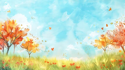 Wall Mural - a vibrant autumn landscape with colorful trees, a bright blue sky, and gently floating leaves, creat