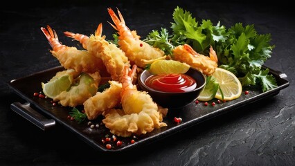 Wall Mural - Elegant Shrimp Cocktail Platter with Citrus and Chili Accompaniment