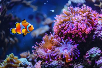 Wall Mural - vibrant underwater scene of two clownfish nestled in colorful sea anemones crystal clear waters coral reef backdrop and glowing bioluminescent elements