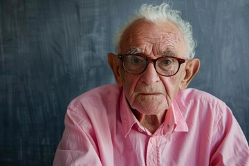 Wall Mural - Elderly man in pink shirt and glasses indoors portrait