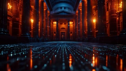 Poster - This night view of an illuminated building with columns. A futuristic bank building