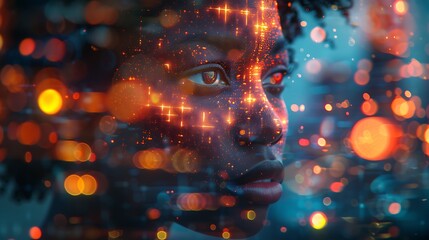 Person's futuristic portrait with digital effects and city lights backdrop, symbolizing technology and urban connection 