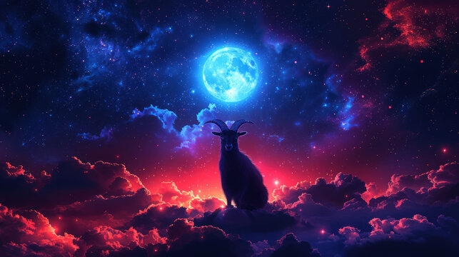 capture goat sit and lying on peak of montain on night with big moon