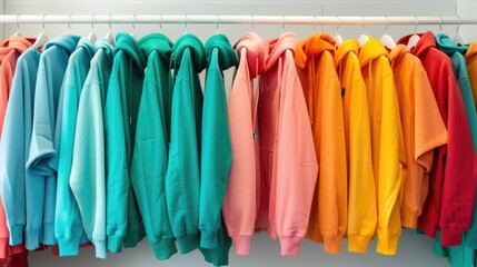 Wall Mural - Multicolored youth sweaters and hoodies on hangers in a store clothing concept
