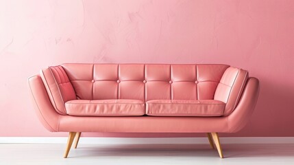 Wall Mural - Stylish pink leather sofa against a pink backdrop with wooden legs minimalist room with single furniture piece