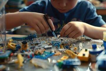 Poster - Close up of smart children hands learning about science by using toy in STEM science lesson. Skilled elementary student studying and doing experiment with blurring background. Creative concept. AIG42.