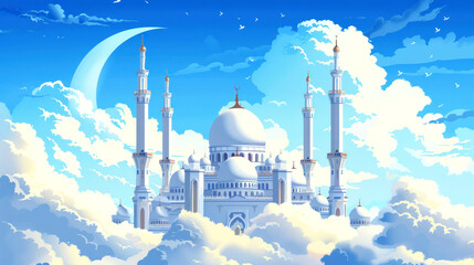 Wall Mural - illustration mosque on the cloud in the blue sky