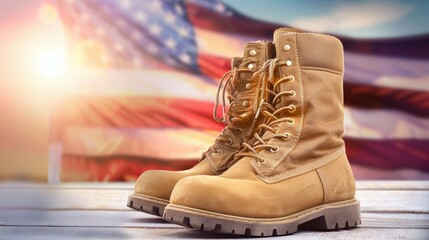 Wall Mural - Two brown boots with laces on a wooden table in front of an American flag, 4th July Independence Day USA concept