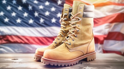 Sticker - Two boots with laces on a wooden table in front of an American flag, 4th July Independence Day USA concept