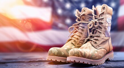 Wall Mural - Two army boots are standing on a wooden surface in front of an American flag, 4th July Independence Day USA concept