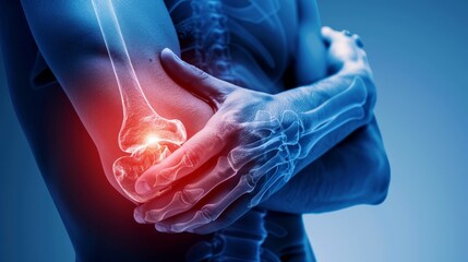 a digital illustration of a human skeleton with a red glowing area around the elbow, representing pa