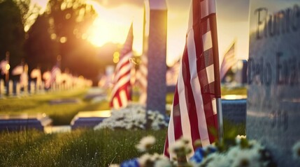 Wall Mural - A cemetery with several American flags on the grass, 4th July Independence Day USA concept