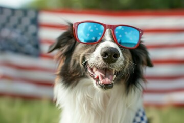 Wall Mural - A dog wearing sunglasses and a patriotic bandana is smiling at the camera, 4th July Independence Day USA concept