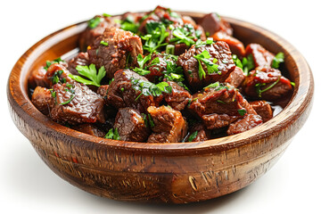 Wall Mural - A bowl of seasoned meat garnished with fresh herbs and spices