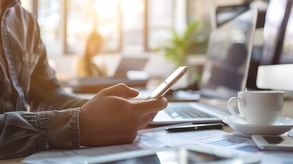 Wall Mural - A close up of hands holding an iPhone while sitting at a desk with a laptop and papers, with a coffee cup beside him. Bright light comes in from a window. The focus is sharp on his hand as he reads