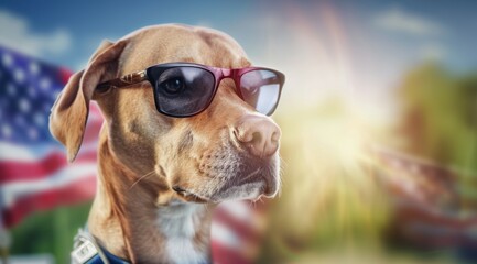 Wall Mural - A dog wearing sunglasses and standing in front of an American flag, 4th July Independence Day USA concept