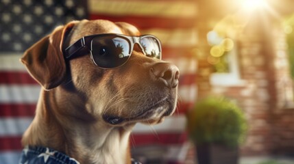 Wall Mural - A dog wearing sunglasses and a patriotic shirt, 4th July Independence Day USA concept
