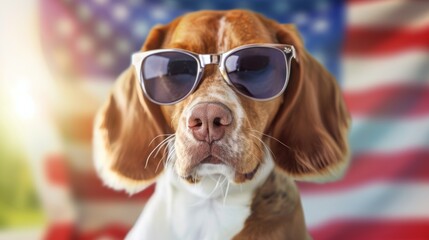 Wall Mural - A dog wearing sunglasses and standing in front of an American flag, 4th July Independence Day USA concept