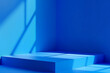 © iamfrk7 - Interior corner wall room blue 3d background of abstract window light stage scene or empty product studio showroom display and blank presentation podium pedestal platform perspective table backdrop.