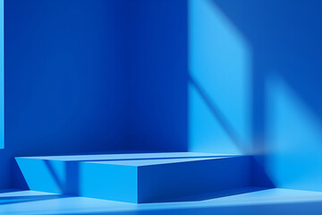 Interior corner wall room blue 3d background of abstract window light stage scene or empty product studio showroom display and blank presentation podium pedestal platform perspective table backdrop.