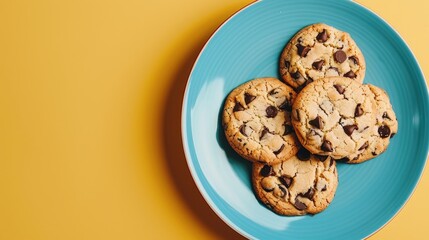 Canvas Print - Chocolate chip cookies on blue plate on pastel yellow background template