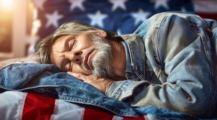 Wall Mural - A man is sleeping on a bed with a American flag behind him, social problem of homeless people in the USA