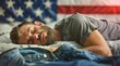 © top images - A man is sleeping on a bed with a flag, social problem of homeless people in the USA