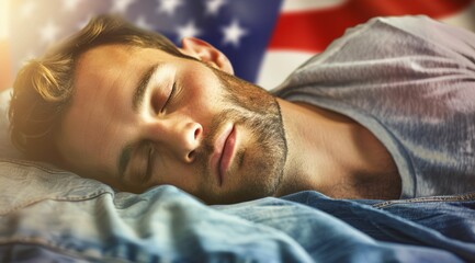 Wall Mural - A man is sleeping on a bed with a flag behind him, social problem of homeless people in the USA