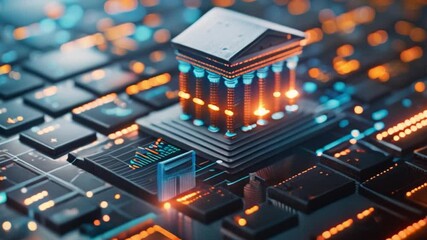 Poster - This 3D rendered image of a traditional bank building on a circuit board.