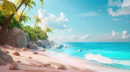 colorful beach in summer, 3d illustration