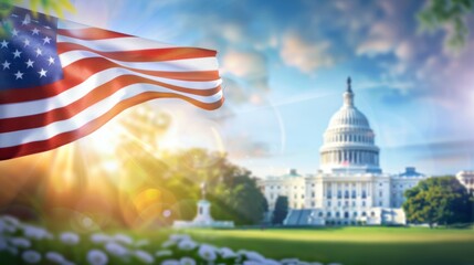 Wall Mural - A large American flag is flying in front of the United States Capitol building, 4th July Independence Day USA concept