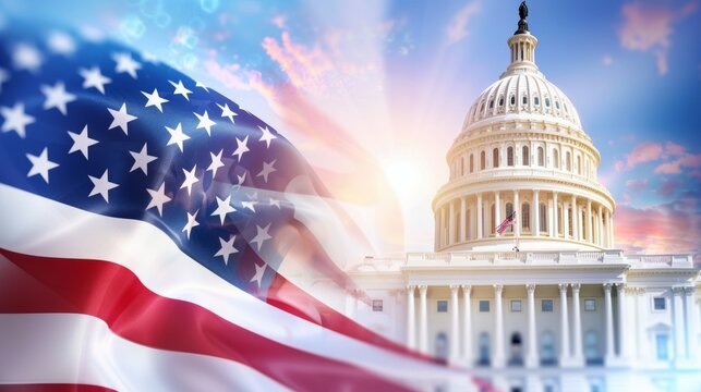 The United States Capitol building and the American flag, 4th July Independence Day USA concept