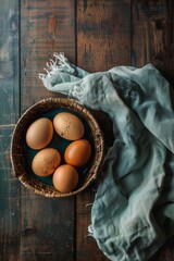 Wall Mural - Brown Eggs in a Wicker Basket on a Rustic Wooden Table