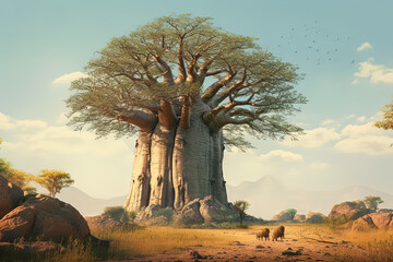 Wall Mural - A large tree with a trunk that is about as wide as a person.