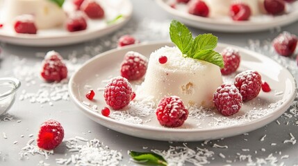 Sticker - Delicious coconut cream sweets on white plate with raspberries High quality image