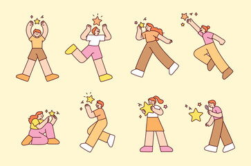 Fototapete - People discover stars and try to hold them in their hands. outline simple vector illustration.