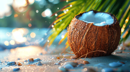 a closeup coconut in the beach