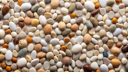 Wall Mural - Small, rounded, smooth pebbles in various earthy shades scattered randomly on a clean, crisp, minimalistic white background surface.