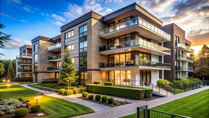 Elegant modern suburban apartment building exterior showcasing luxurious architecture with sleek lines, neutral tones, and lush surrounding landscaping.