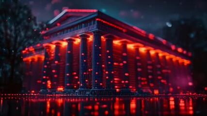 Poster - This Digital bank image with columns and hologram. Futuristic finance and architecture concept