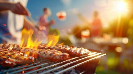 A man is cooking meat on a grill with a woman and a child watching, holiday with family and friends concept