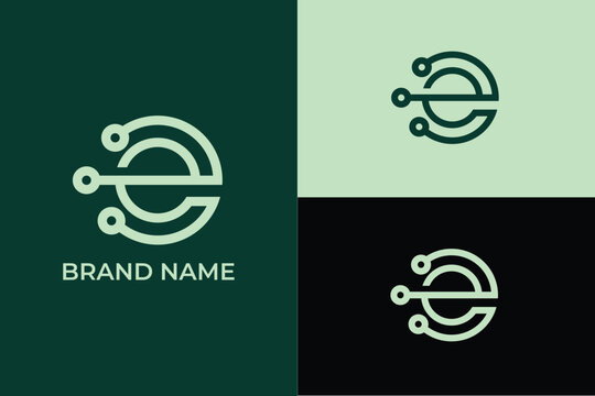 initial letter E tech company creative minimal monochrome monogram symbol, letter E C digital wire circuit board tech logo, letter E C speed logo